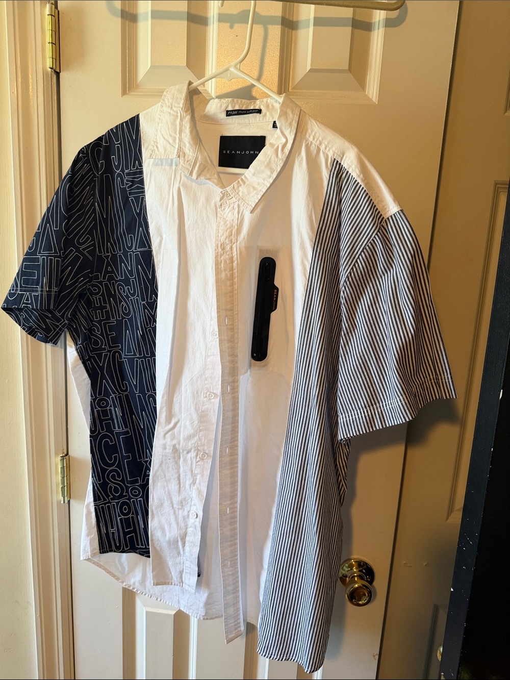 Sean John White, Navy & Black Mixed-Panel Button-Down Shirt